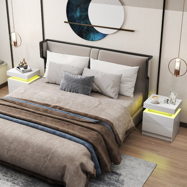 Costway Comodino con luci a LED 2 cassetti, Tavolino da divano moderno con finitura lucida effetto marmo 45x35x52cm Bianco