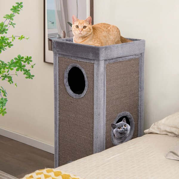 Costway Condominio per gatti alto 99 cm con trespoli per graffiare 3 nascondigli 4 morbidi cuscini in peluche, Casa per gatti a 4 piani Grigio