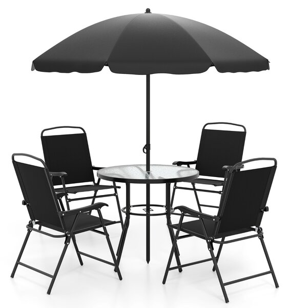 Costway Tavolo e sedie da esterno con 4 poltrone pieghevoli e tavolo rotondo in vetro temperato, Set da pranzo da giardino a 6 pezzi con ombrellone Nero