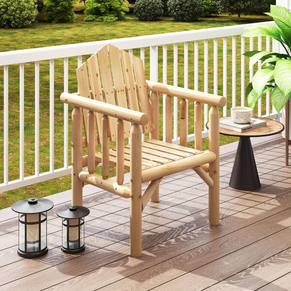 Costway Sedia da pranzo per patio con braccioli e schienale alto inclinato per veranda, Poltrona da esterno in legno cortile giardino Naturale