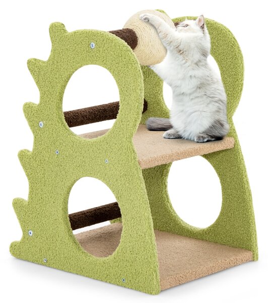 Costway Albero tiragraffi moderno a 2 livelli da interno tessuto peluche morbido, Torre per gatti a forma di dinosauro con palla girevole in sisal Verde
