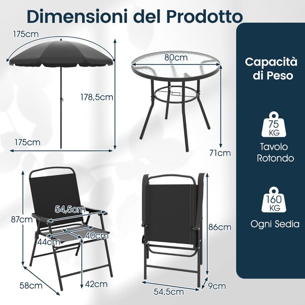 Costway Tavolo e sedie da esterno con 4 poltrone pieghevoli e tavolo rotondo in vetro temperato, Set da pranzo da giardino a 6 pezzi con ombrellone Nero