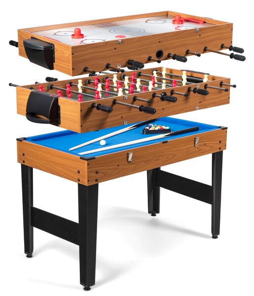 Costway Tavolo da gioco combinato 122 cm con calcetto biliardo hockey scorrevole, Tavolo da gioco multifunzionale 3 in 1 in gomma Marrone