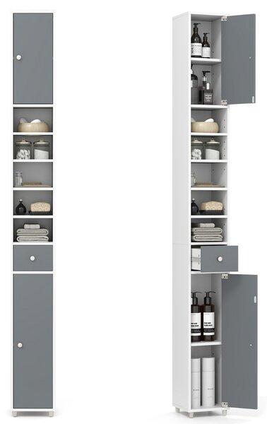 Costway Mobile colonna da bagno con 2 ante 1 cassetto e 5 ripiani regolabili, Colonna bagno da terra salvaspazio Grigio e Bianco