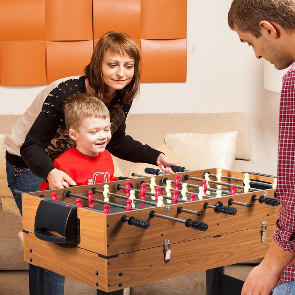 Costway Tavolo da gioco combinato 122 cm con calcetto biliardo hockey scorrevole, Tavolo da gioco multifunzionale 3 in 1 in gomma Marrone