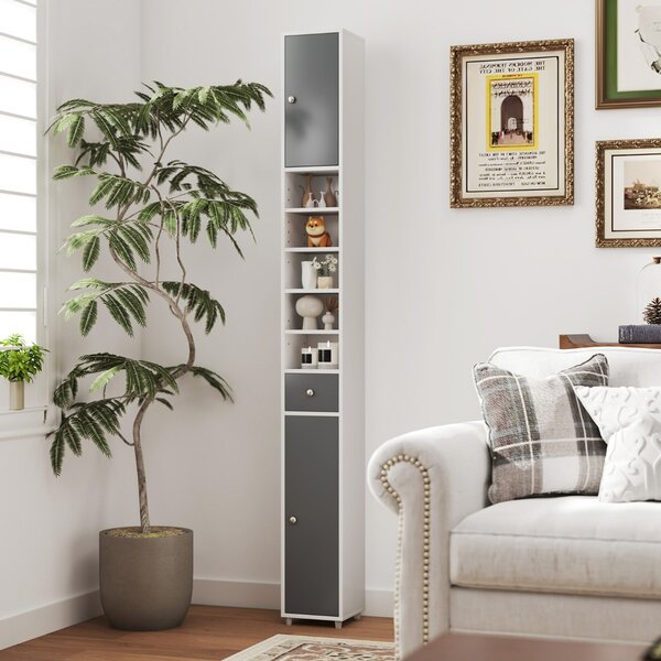 Costway Mobile colonna da bagno con 2 ante 1 cassetto e 5 ripiani regolabili, Colonna bagno da terra salvaspazio Grigio e Bianco