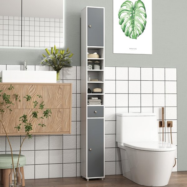 Costway Mobile colonna da bagno con 2 ante 1 cassetto e 5 ripiani regolabili, Colonna bagno da terra salvaspazio Grigio e Bianco