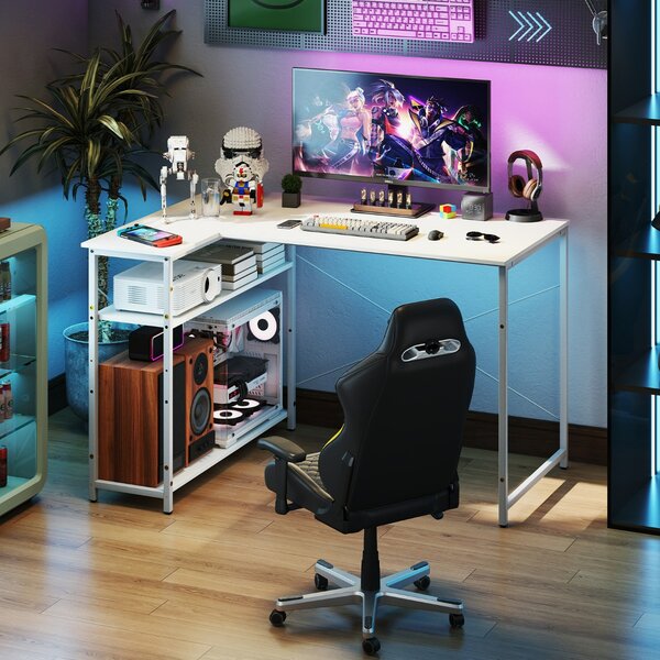 Costway Scrivania angolare a forma di L con ripiano regolabile, Tavolo da studio salvaspazio per ufficio in casa Bianco