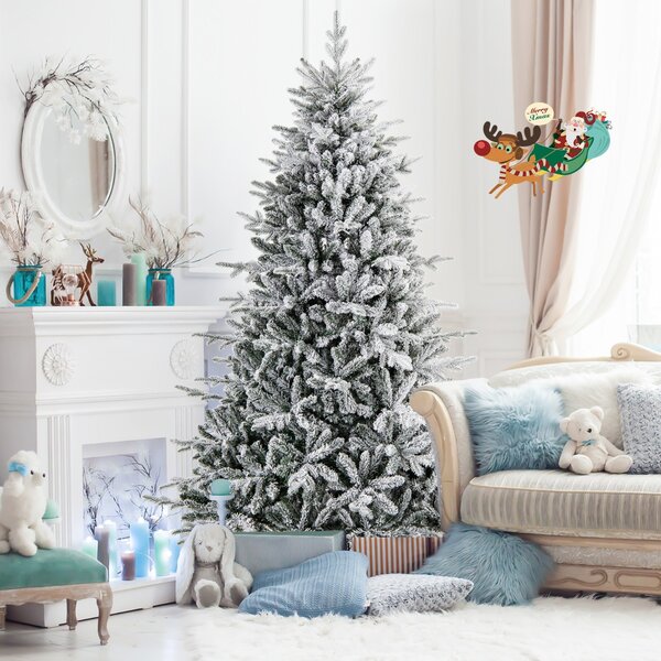 Costway Albero di natale artificiale rivestito di neve di 218cm, Albero decorativo con cerniera e 8 modalità luminose