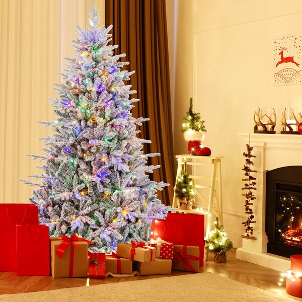 Costway Albero di natale artificiale rivestito di neve di 218cm, Albero decorativo con cerniera e 8 modalità luminose