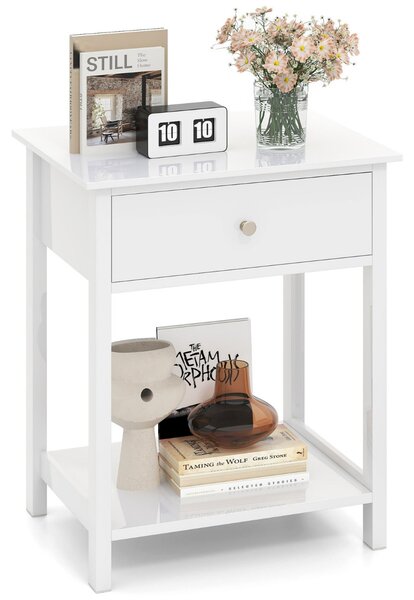 Costway Comodino in legno con cassetto e scaffale aperto, Tavolino compatto per soggiorno con spazio di archiviazione Bianco