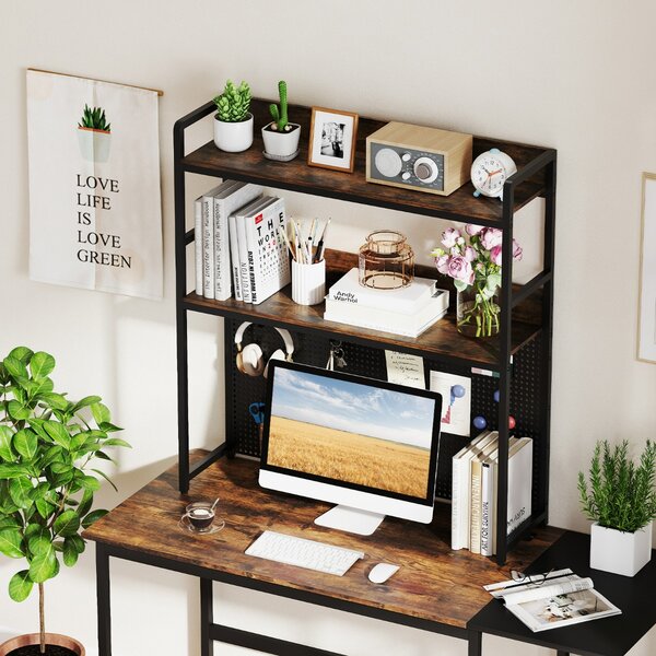 Costway Organizzatore di stoccaggio per monitor di computer fino a 32", Mensola da scrivania a 2 livelli con pegboard Marrone