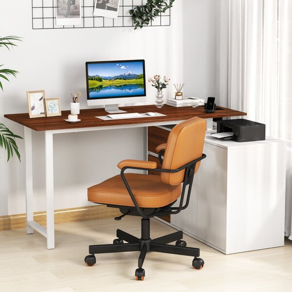 Costway Scrivania angolare a forma di L con presa di corrente, Scrivania per computer reversibile con 3 cassetti Marrone