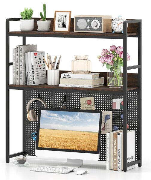 Costway Organizzatore di stoccaggio per monitor di computer fino a 32", Mensola da scrivania a 2 livelli con pegboard Marrone