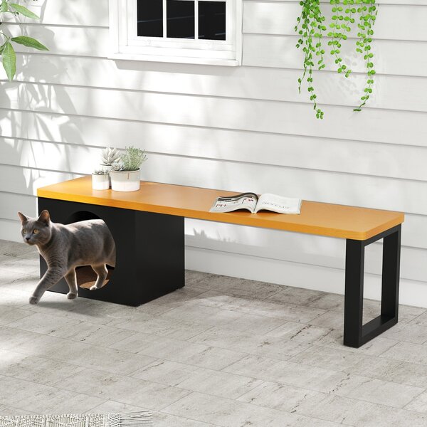 Costway Panchina da esterno in metallo lunga 150cm con cuccia per gatti, Panchina senza schienale resistente alle intemperie Caffè