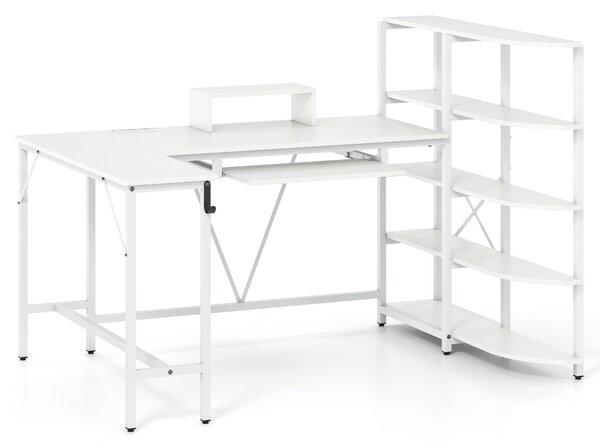 Costway Scrivania angolare per computer con stazione di ricarica gancio per cuffie e vassoio per tastiera, Scrivania a forma di L con ripiani Bianco