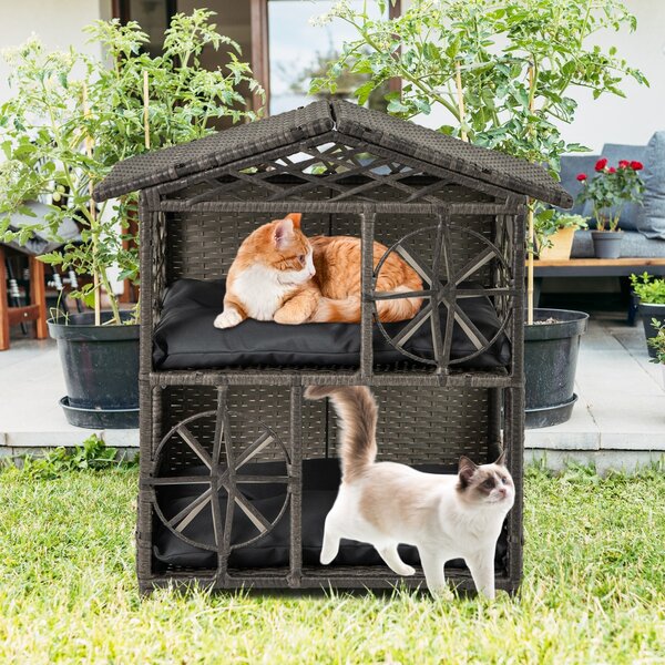 Costway Rifugio elevato per animali da interno ed esterno per conigli e gattini, Casa per gatti in vimini a 2 piani con cuscini rimovibili Grigio