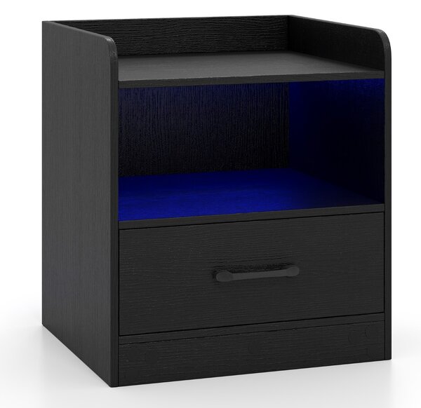 Costway Tavolino da notte con mensola aperta e cassetto estraibile tavolino da salotto con luce, Comodino a 3 livelli Nero