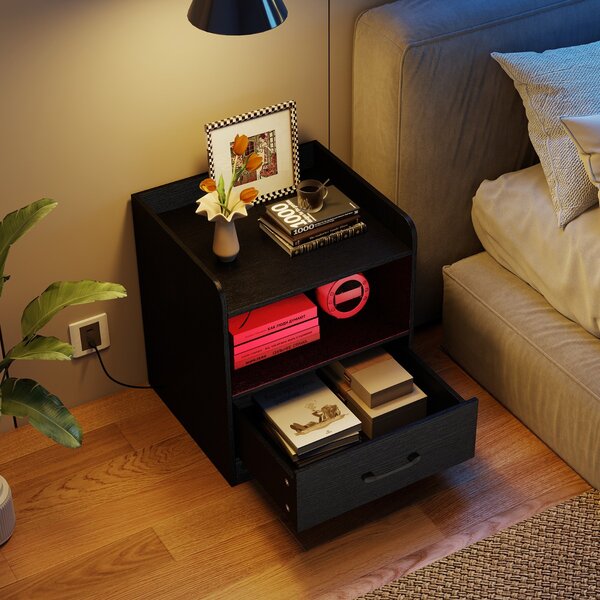 Costway Tavolino da notte con mensola aperta e cassetto estraibile tavolino da salotto con luce, Comodino a 3 livelli Nero