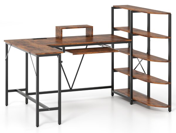 Costway Scrivania angolare per computer con stazione di ricarica gancio per cuffie e vassoio per tastiera, Scrivania a forma di L con ripiani Marrone rustico