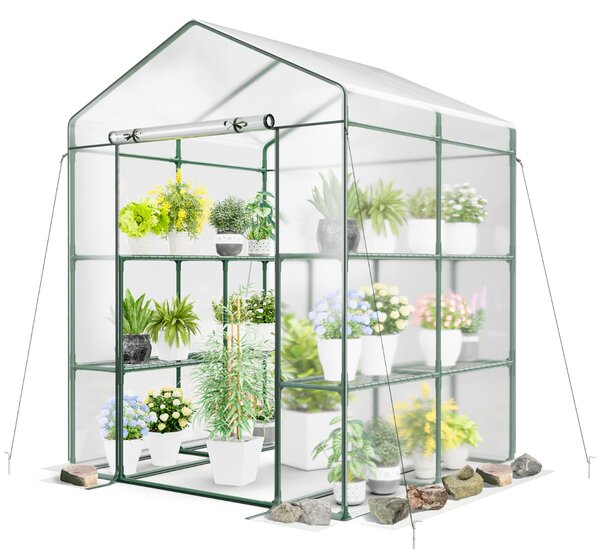 Costway Serra accessibile per giardino con 4 ripiani 8 mensole copertura in PVC, Serra accessibile porta con cerniera avvolgibile Trasparente
