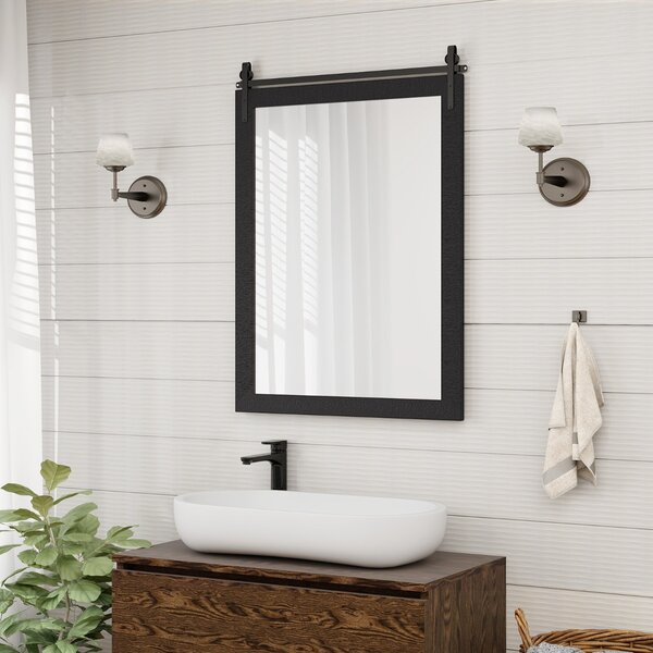 Costway Specchio a parete farmhouse 76,5x56cm, Specchio a muro rettangolare con cornice in legno staffa in metallo Nero