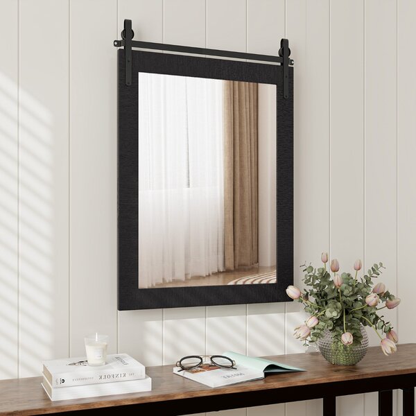 Costway Specchio a parete farmhouse 76,5x56cm, Specchio a muro rettangolare con cornice in legno staffa in metallo Nero