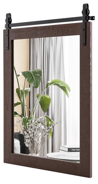 Costway Specchio a parete farmhouse 76,5x56cm, Specchio a muro rettangolare con cornice in legno staffa in metallo Noce
