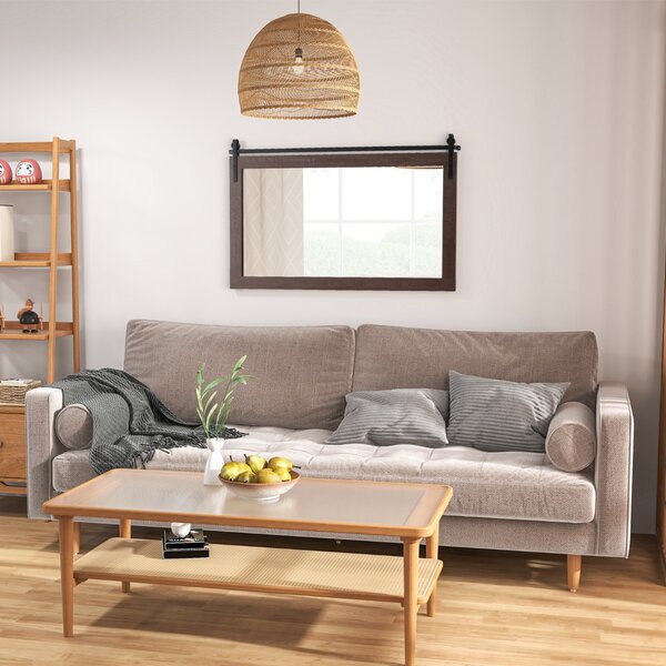 Costway Specchio da parete con cornice in legno massiccio e staffa in metallo, Decorazione da parete in stile rustico Noce