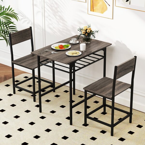 Costway Set da 3 pezzi di tavolo e sedie con struttura in metallo e ripiano di stoccaggio, Set da pranzo per piccoli spazi Grigio