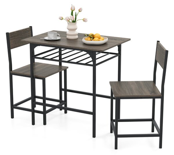 Costway Set da 3 pezzi di tavolo e sedie con struttura in metallo e ripiano di stoccaggio, Set da pranzo per piccoli spazi Grigio