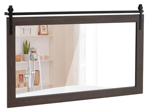 Costway Specchio da parete con cornice in legno massiccio e staffa in metallo, Decorazione da parete in stile rustico Noce