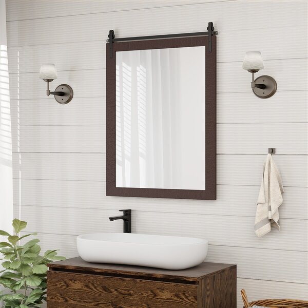 Costway Specchio a parete farmhouse 76,5x56cm, Specchio a muro rettangolare con cornice in legno staffa in metallo Noce