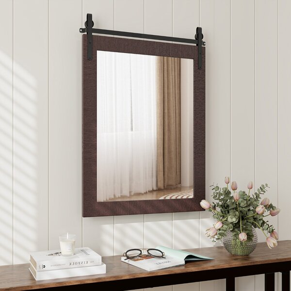Costway Specchio a parete farmhouse 76,5x56cm, Specchio a muro rettangolare con cornice in legno staffa in metallo Noce