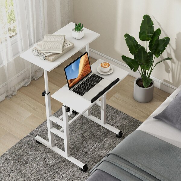 Costway Scrivania mobile con altezza regolabile con piano diviso e ruote, Scrivania per computer per ufficio casa Bianco