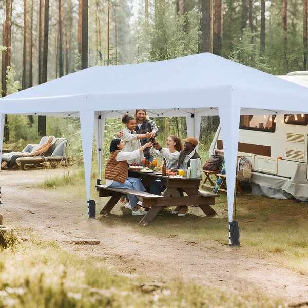 Costway Gazebo pop-up portatile da esterno con borsa con ruote per campeggio 12 picchetti, Tenda pieghevole 590x300 cm Bianco