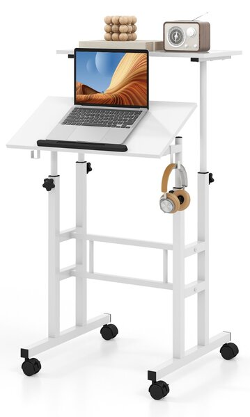Costway Scrivania mobile con altezza regolabile con piano diviso e ruote, Scrivania per computer per ufficio casa Bianco