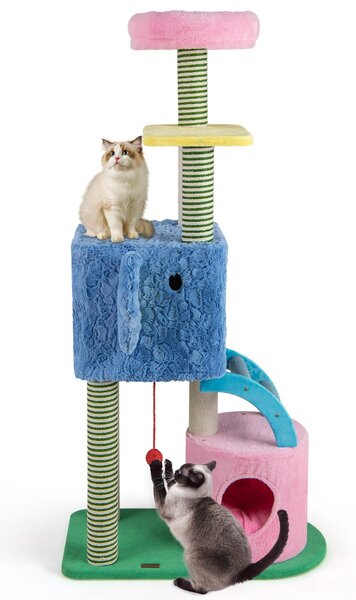 Costway Albero per gatti a tema elefante con e ripiano imbottito e pali da graffiare, Centro di attività per animali domestici