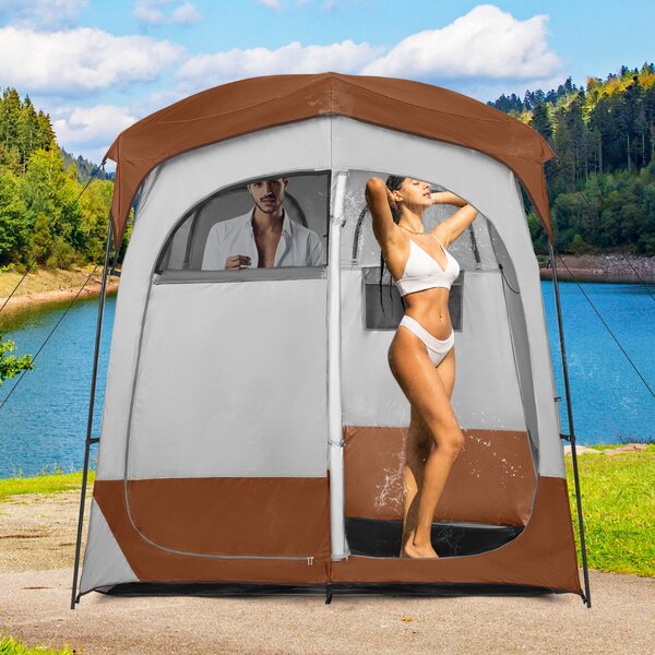 Costway Tenda da doccia a 2 stanze con parapioggia rimovibile borsa per il trasporto, Tenda grande per la privacy Marrone