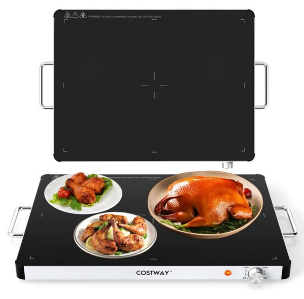 Costway Scalda cibi in vetro temperato con temperatura regolabile e maniglie antiustioni, Piatto scaldavivande elettrico 53 x 40 cm Nero