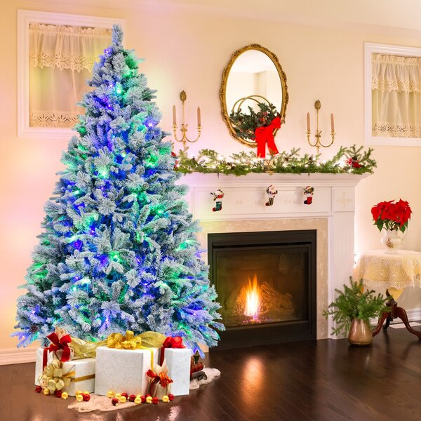 Costway Albero di natale artificiale con rametti di PE PVC luci LED 8 modalità di illuminazione, Albero decorativo da 210cm