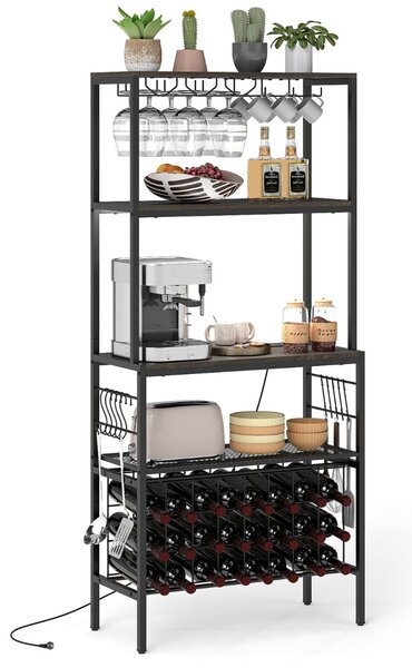 Costway Scaffale multi-livello con portabicchieri e porta tazze per microonde per cucina, Organizer per vini con presa di corrente Marrone