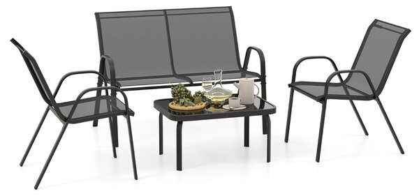 Costway Set da 4 pezzi di mobili per esterni con tavolino in vetro temperato, Set da conversazione all'aperto Grigio