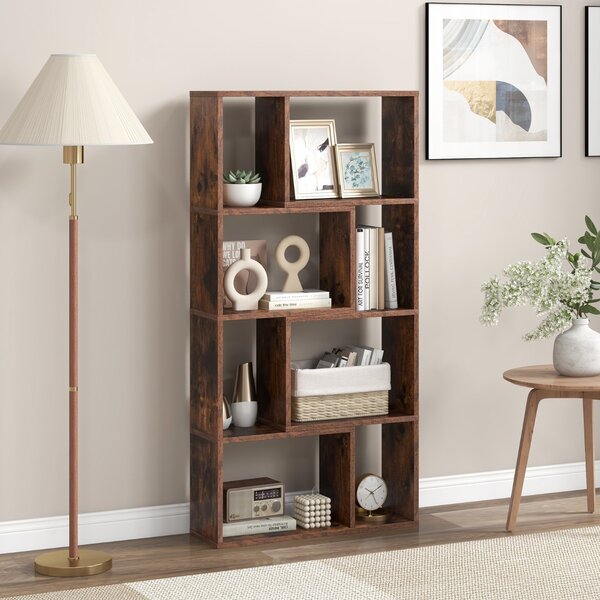 Costway Libreria geometrica a 4 ripiani da 120cm, Organizzatore di stoccaggio moderno con 8 cubi in legno per soggiorno Marrone
