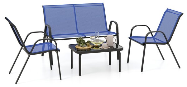 Costway Set da 4 pezzi di mobili per esterni con tavolino in vetro temperato, Set da conversazione all'aperto Blu