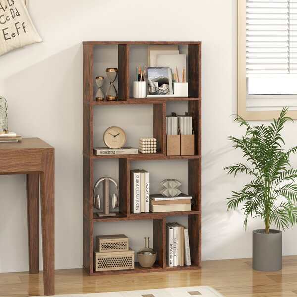 Costway Libreria geometrica a 4 ripiani da 120cm, Organizzatore di stoccaggio moderno con 8 cubi in legno per soggiorno Marrone