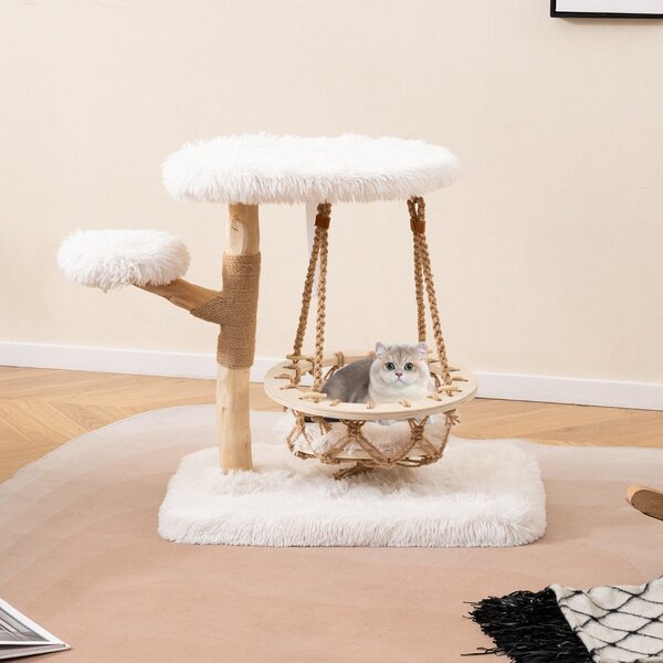 Costway Torre per gattini moderna con dondolo appeso tiragraffi piattaforme imbottite, Albero per gatti in legno carino Bianco