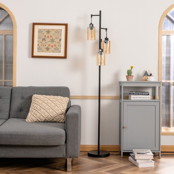 Costway Lampada da lettura retrò con paralume in vetro ambrato a 3 teste sospese, Lampada da terra per soggiorno da letto Nero