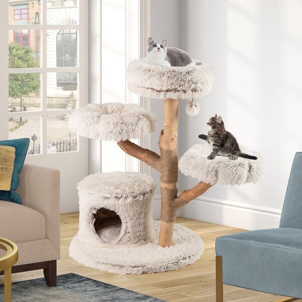 Costway Torre per gattini in legno alta 102 CM con condominio 2 piattaforme a forma di fiore trespolo, Moderno albero per gatti Bianco