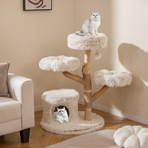 Costway Torre per gattini in legno alta 102 CM con condominio 2 piattaforme a forma di fiore trespolo, Moderno albero per gatti Bianco